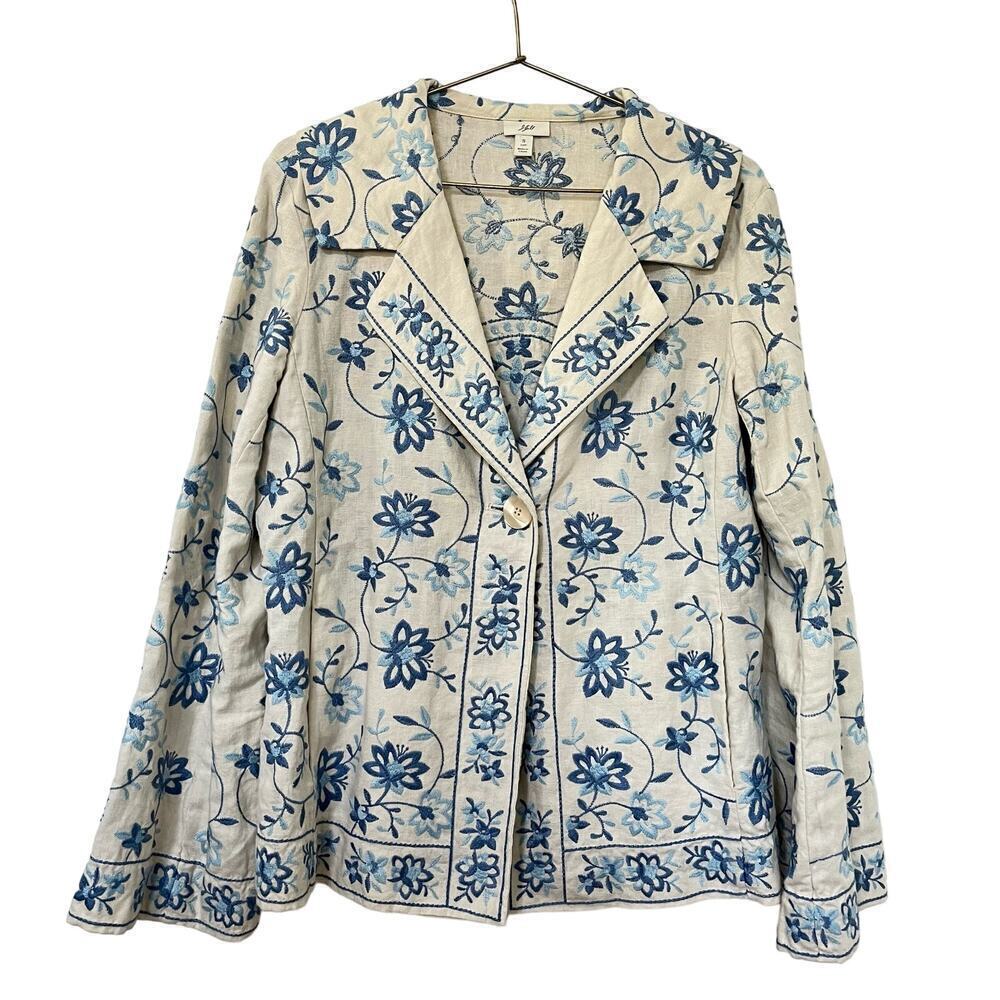 J. Jill Linen Floral Embroidered Jacket Size S‎ Tall Blue Star Boho